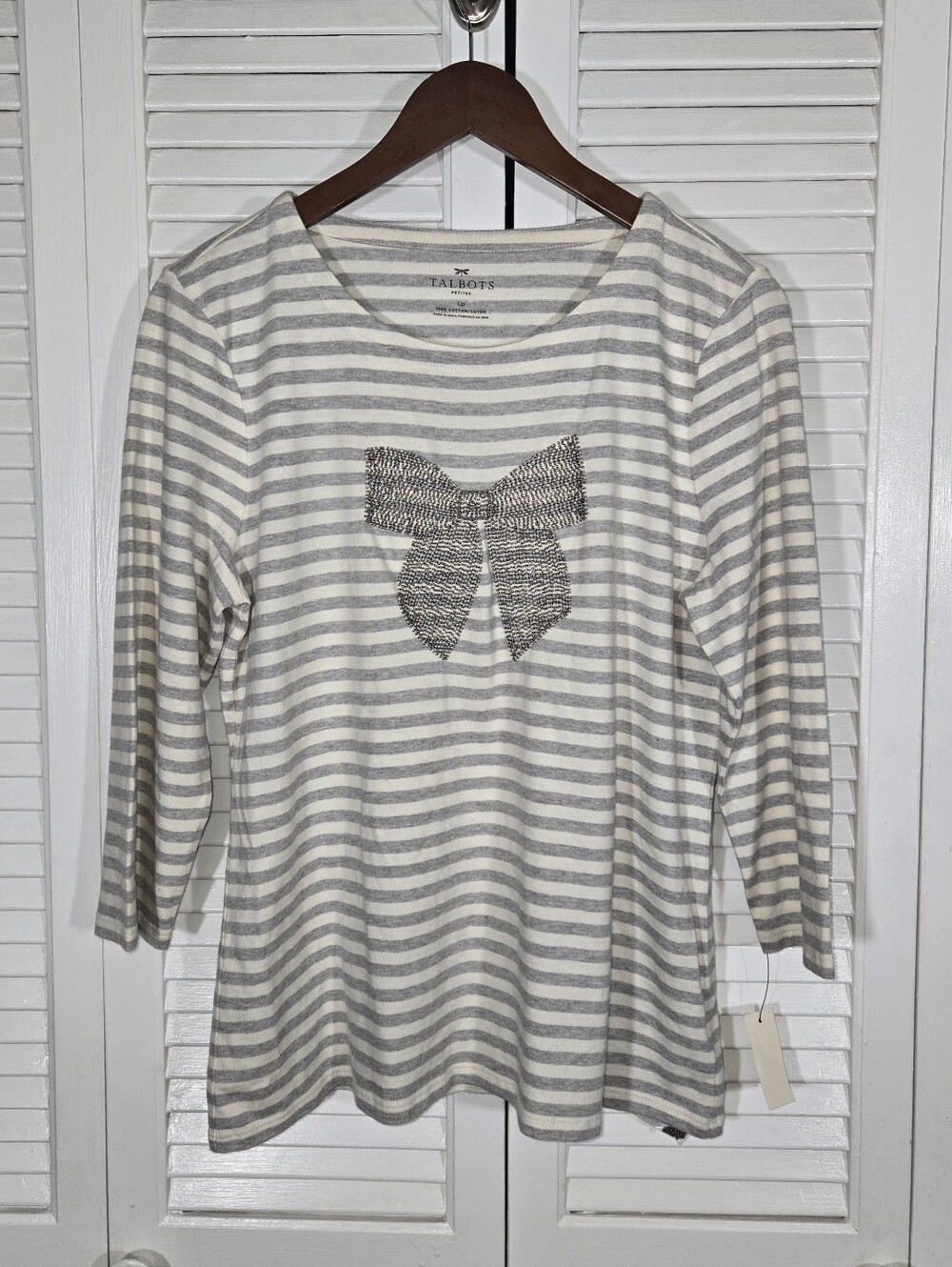 Talbots NWT Gray White Striped 3/4 Crewneck Textured Beaded Bow Top Size LP